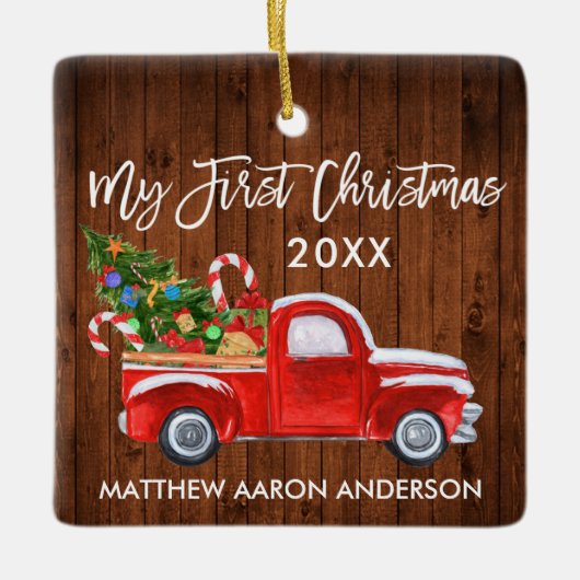 Baby Mein erstes Weihnachtswald Red Truck Candy Ca Keramikornament (Vorderseite)