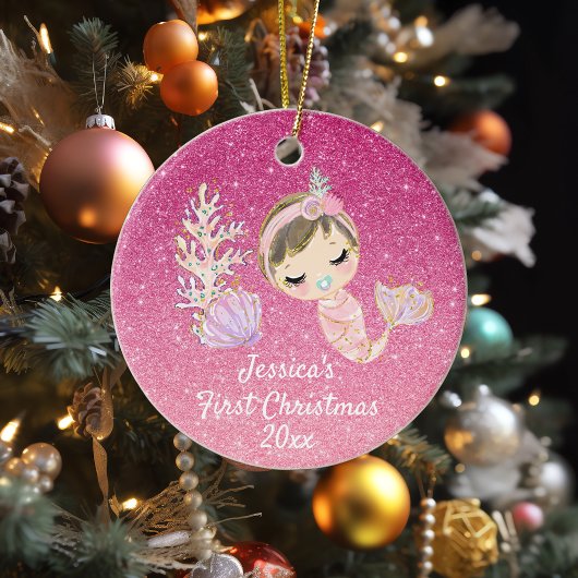 Baby Mermaid First Christmas Glitzer pink Keramik Ornament