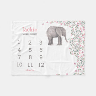baby mijlpaal deken met lieve olifant roze grijs fleecedecke