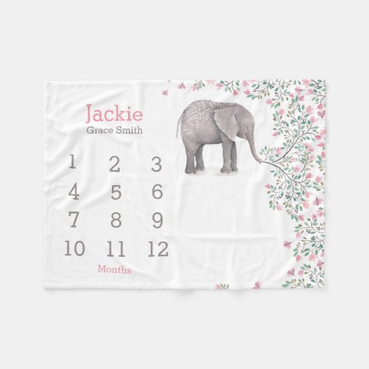 baby mijlpaal deken met lieve olifant roze grijs fleecedecke (Vorderseite (Horizontal))