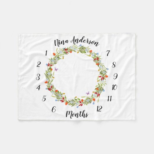 baby mijlpaal deken met veldbloemen en vlindertjes fleecedecke (Vorderseite (Horizontal))