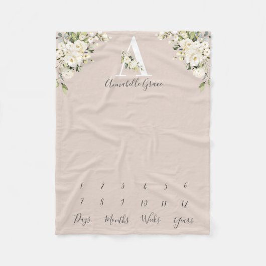 Baby Milestone Blush White Rose Floral Letter Fleecedecke (Vorderseite)