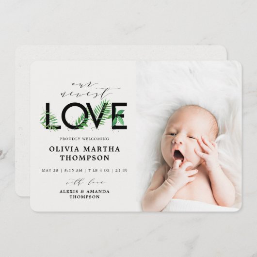 Baby Modern Tropical Greenerenerity Foto Birth Ankündigung (Vorne/Hinten)