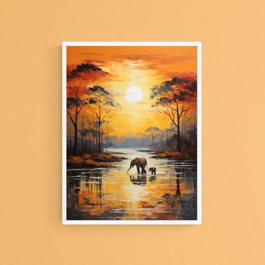 Baby & Mommy Elephant, der Sonnenuntergang geniess Poster