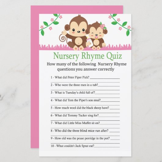 Baby Monkey Kinderzimmer Rhyme Quiz Babyduschenspi (Vorne/Hinten)