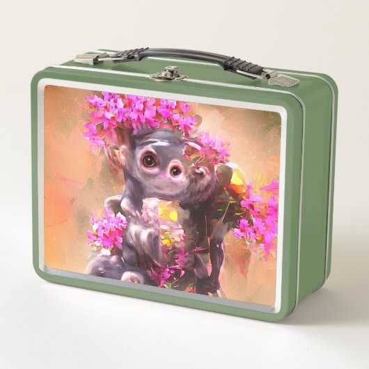 Baby Monkey mit Blume Metall Brotdose (Vorderseite)