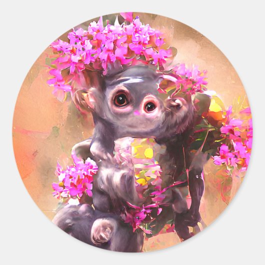 Baby Monkey mit Blume Runder Aufkleber (Vorderseite)
