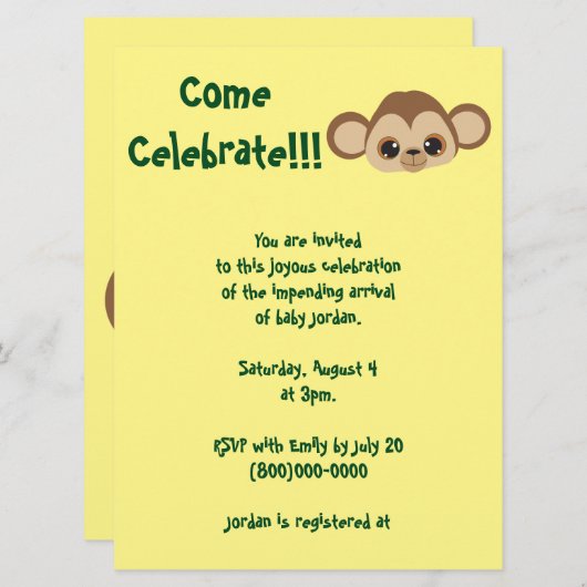Baby Monkey Yellow Baby Dusche Einladung (Vorne/Hinten)