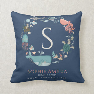 Baby Monogram Birth Stats Blue Under Sea Kissen