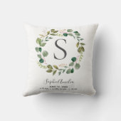 Baby Monogram Birth Stats Eucalyptus Leafy Wreath Kissen (Rückseite)