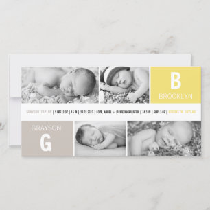 Baby Monogram Boy Girl Twins 4 Foto Gelbe Geburt Ankündigung