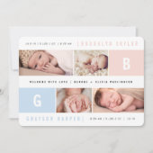 Baby Monogram Girl Twins 4 Multi Foto Birth Ankündigung (Vorderseite)