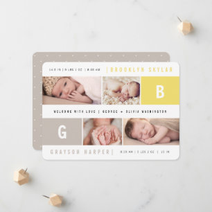 Baby-Monogramme Junge Mädchen Zwillinge Gelb 4 Fot Ankündigung