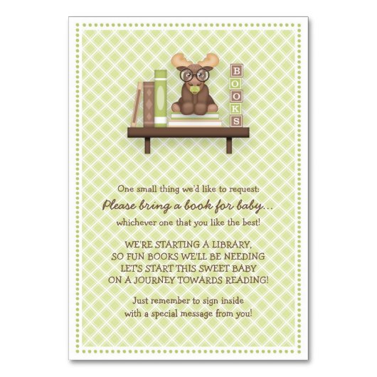 Baby Moose "Bring a Book" Card zur Kinderdusche Tischnummer (Vorderseite)
