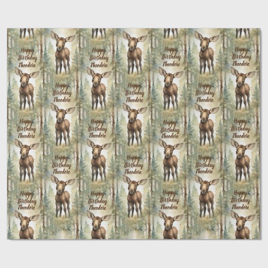 Baby Moose Personalisiert neutraler Geburtstag Geschenkpapier (Flach)