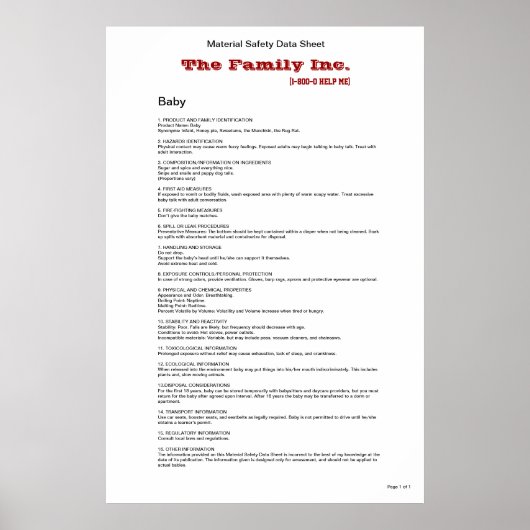 Baby MSDS lustiges Poster (Vorne)