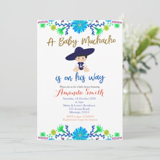 Baby Muchacho Fiesta Kinderdusche Einladung (Stehend Vorderseite)