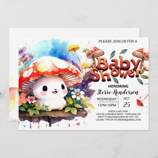 Baby Mushroom's Dreamy Expedition Baby Shower Einladung (Vorne/Hinten)