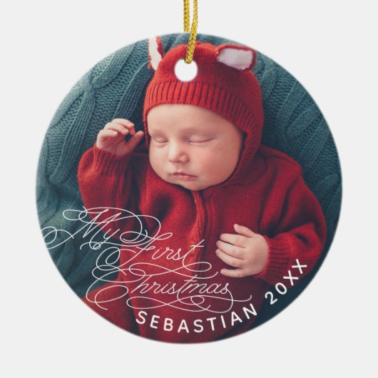 Baby My First Christmas Custom Text Foto Elegant Keramik Ornament (Vorne)