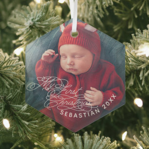 Baby My First Christmas Custom Text Foto Elegant Ornament Aus Glas