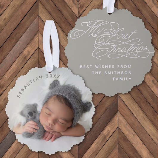 Baby My First Christmas Custom Text Foto Elegant Ornament Karte
