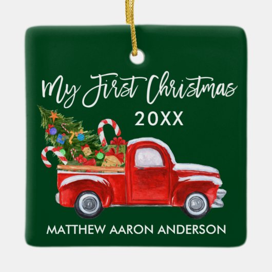Baby My First Christmas Red Truck Candy Canes Keramikornament (Vorderseite)