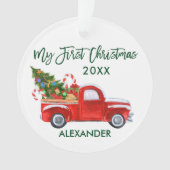 Baby My First Christmas Red Truck Green Script Ornament (Vorderseite)