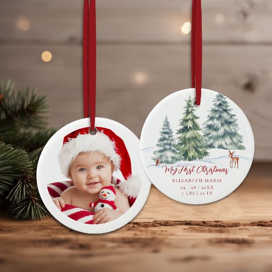Baby My First Christmas Woodland Deer Owl Photo Keramik Ornament