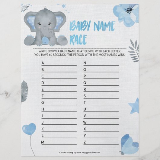 Baby Name Race [Baby Elephant [blau] Briefbogen (Vorderseite)