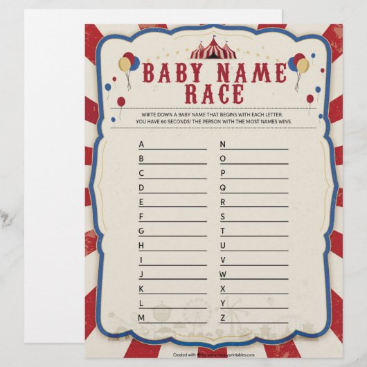 Baby Name Race [Circus Theme] Briefbogen (Vorne/Hinten)