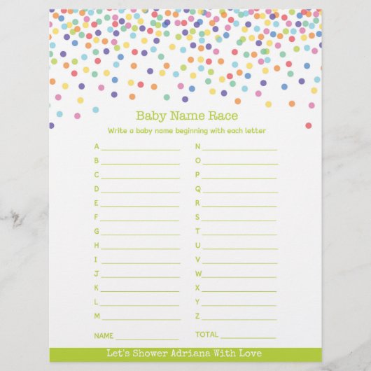 Baby Name Race Confetti Baby Showspiel (Vorderseite)