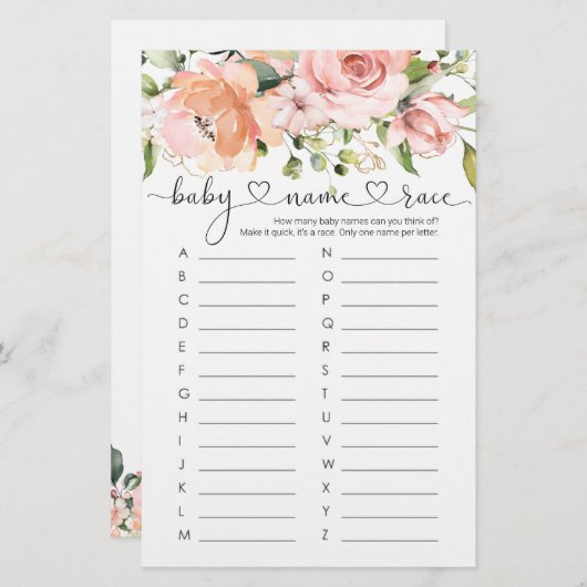 Baby Name Race Game, Floral Rose Baby Showspiel (Vorne/Hinten)