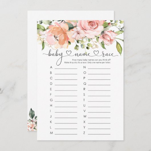 Baby Name Race Game, Floral Rose Baby Showspiel Einladung (Vorne/Hinten)