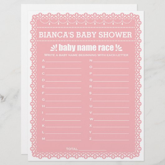 Baby Name Race Pink Papel Picado Baby Showspiel (Vorne/Hinten)