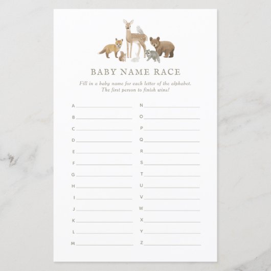 Baby Name Race Woodland Baby Showspiel (Vorderseite)