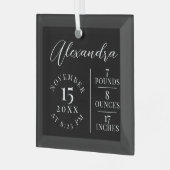Baby Name Script & Birth Stats Black Keepake Ornament Aus Glas (Vorderseite links)