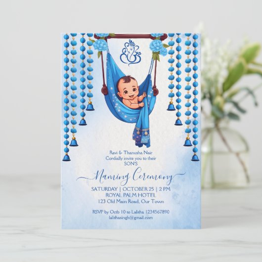 Baby Naming Cradle Indische Zeremonie blaue Vorlag Einladung (Stehend Vorderseite)