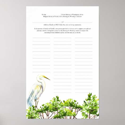 Baby Naming Day Certificate White Heron Mangrove Poster (Vorne)