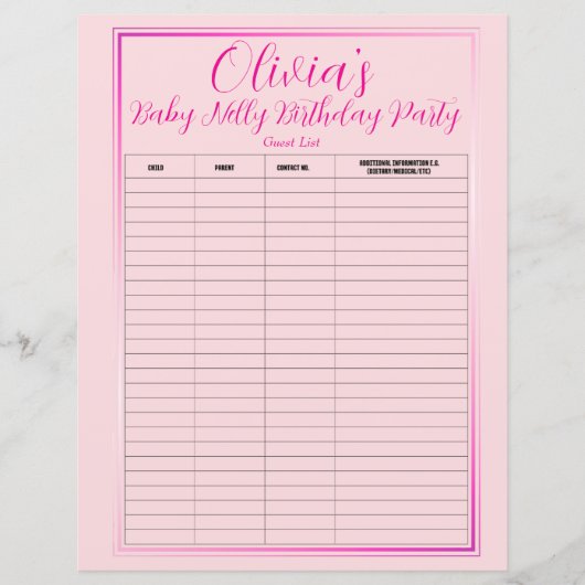 Baby Nelly Birthday Party Guest List (Vorderseite)