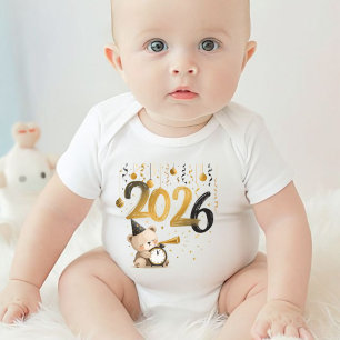 Baby Neujahr 2026 Bodysuit Süßes Teddybär-Design Strampler