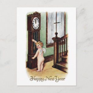Baby New Year and Grandfather Clock Feiertagspostkarte