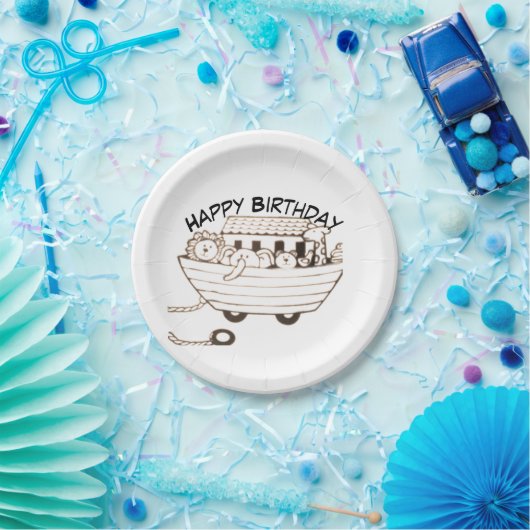 Baby Noah Ark with curved Happy Birthday design Pappteller (Party)