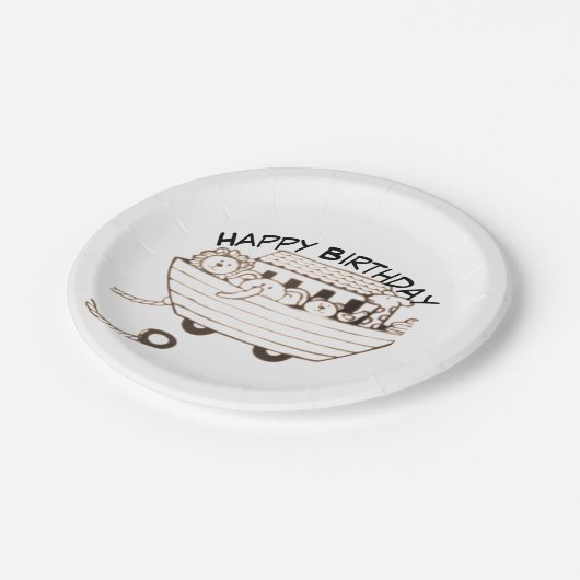 Baby Noah Ark with curved Happy Birthday design Pappteller (Schrägansicht)