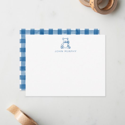 Baby Note Card, Blue Teddy Bear Gingham Flat Mitteilungskarte (Vorderseite/Rückseite Beispiel)