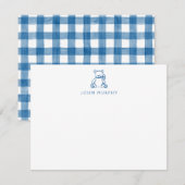 Baby Note Card, Blue Teddy Bear Gingham Flat Mitteilungskarte (Vorne/Hinten)