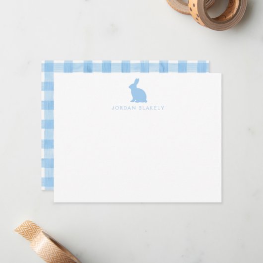 Baby Note Card, Light Blue Bunny Gingham Flat Mitteilungskarte (Vorderseite/Rückseite Beispiel)
