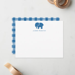 Baby-Notizkarte, blau kariert mit Elefant Mitteilungskarte