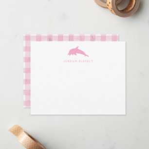 Baby-Notizkarte, Hellrosa Delfin Gingham Flach Mitteilungskarte