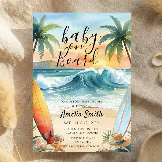 baby on board beach coast surfboard baby shower einladung