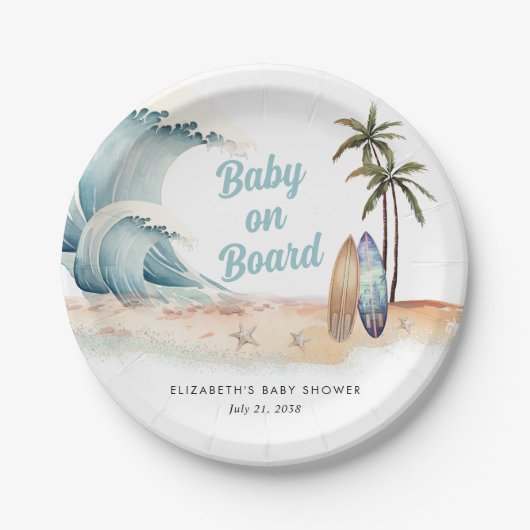 Baby on board Beach Surfing Baby Dusche Pappteller (Vorderseite)